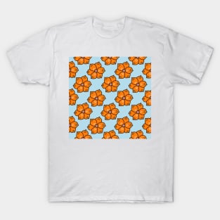 Chintzy orange floral repeat pattern in blue T-Shirt